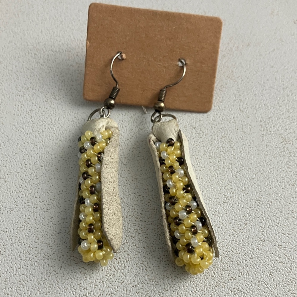 Hand Crafted Yellow and Cream Beaded Earrings with Genuine Leather Husks